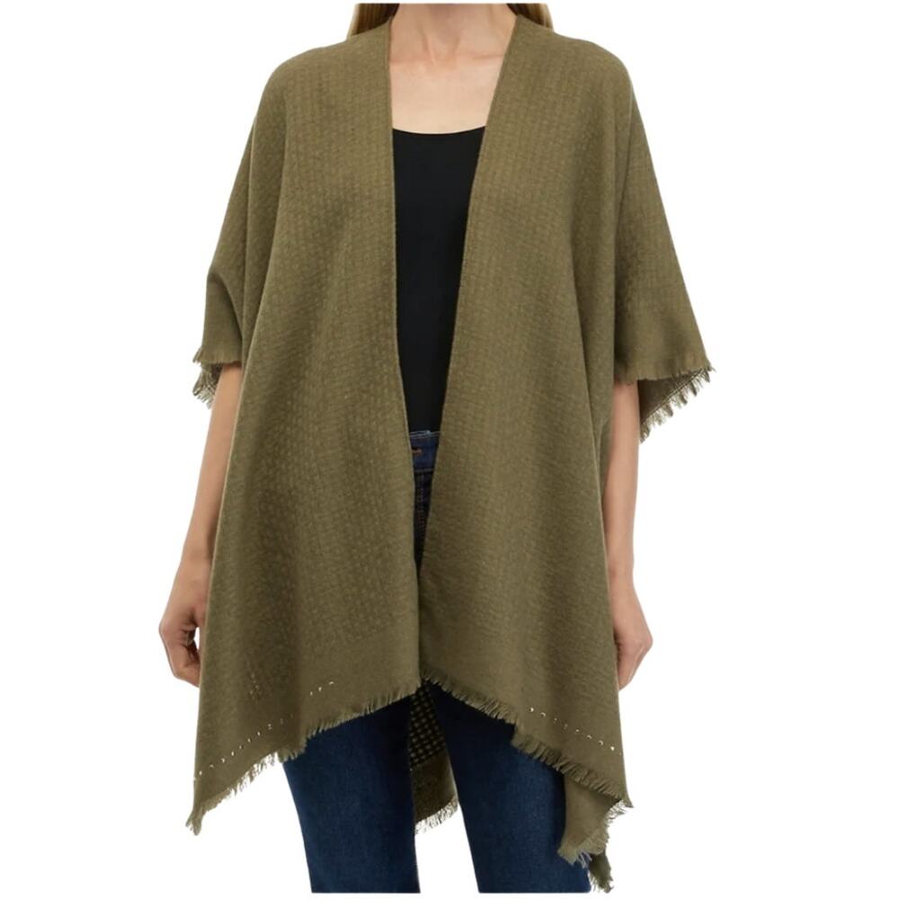 Vince Camuto Soft Basketweave Fringe Poncho Topper Shawl Golden Studs One Size